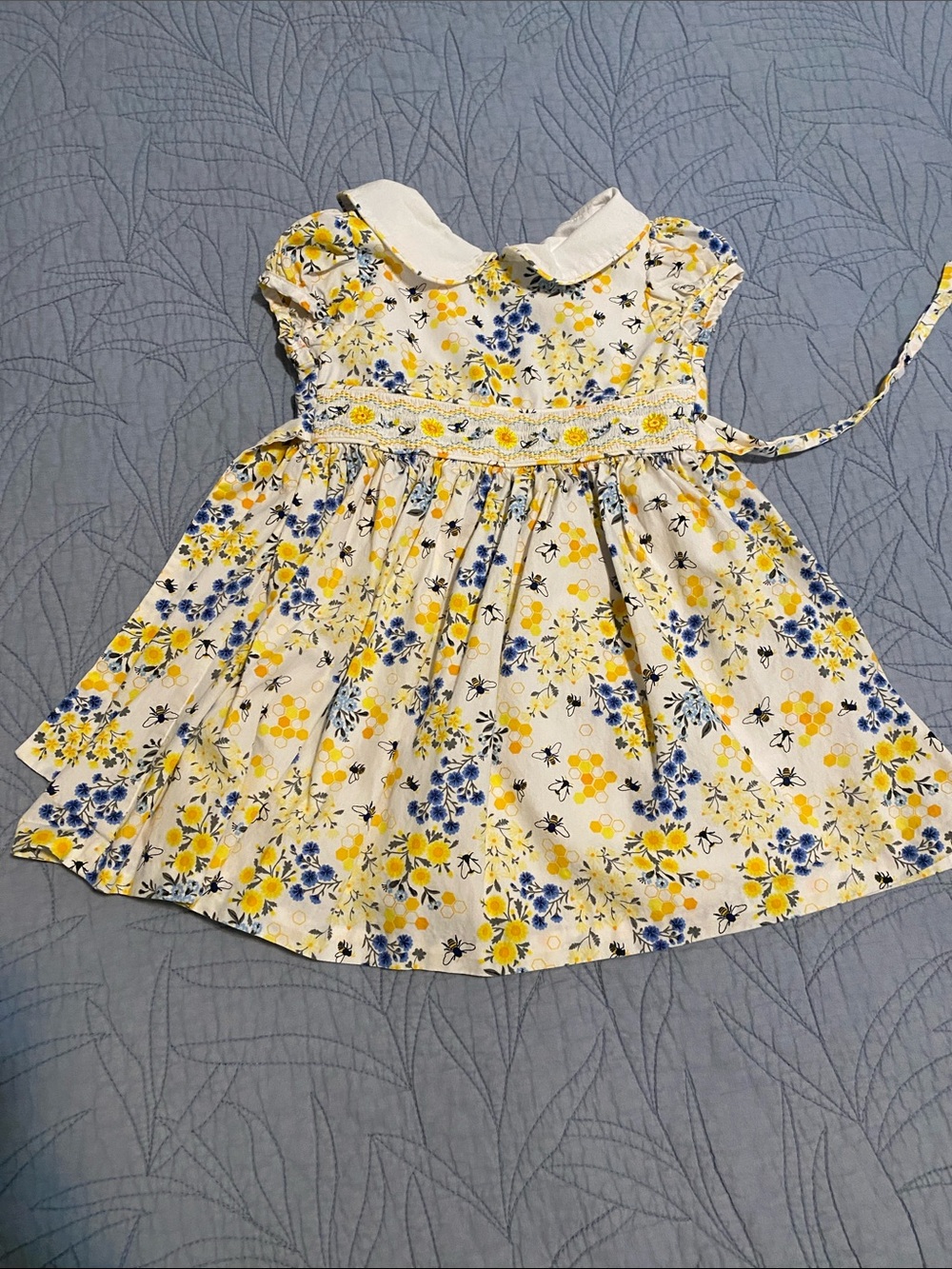 Bonnie Jean White Dress with Yellow & Blue Floral Smocking